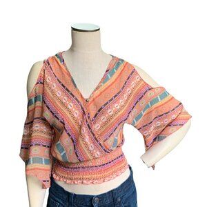 Papaya Southwest Tribal Print Open Shoulder Flare Sleeve Crop Top Sz S 37J